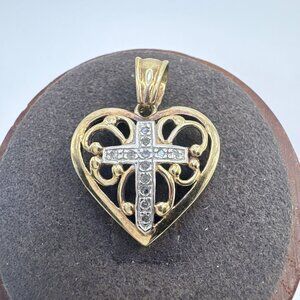 Gold Over Sterling Silver 925 Natural Diamond Lord's Prayer Heart Pendant 1"